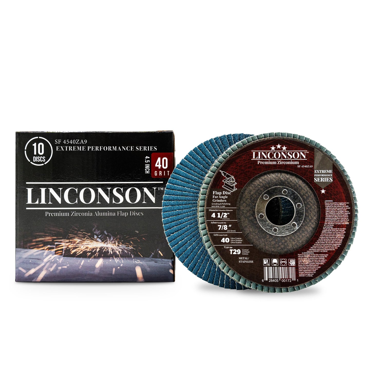 LINCONSON 10 Pack 4.5 Inch 40 Grit Zirconia Abrasive Grinding Wheel and Flap Sanding Disc for Metal & Stainless Steel 7/8" Arbor T29 Conical (SF 4540ZA9)-Extreme Performance Series
