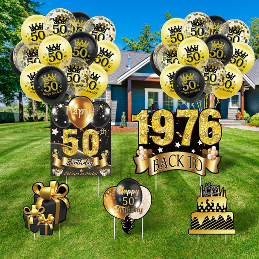 5Pcs 50th Birthday Yard Sign 16" Large Happy Birthday 50th Decorations for Men Women Birthday Party Lawn Signs Decorations with Stakes & 15pc Black Gold 50th Birthday Balloons for 50th Birthday Party