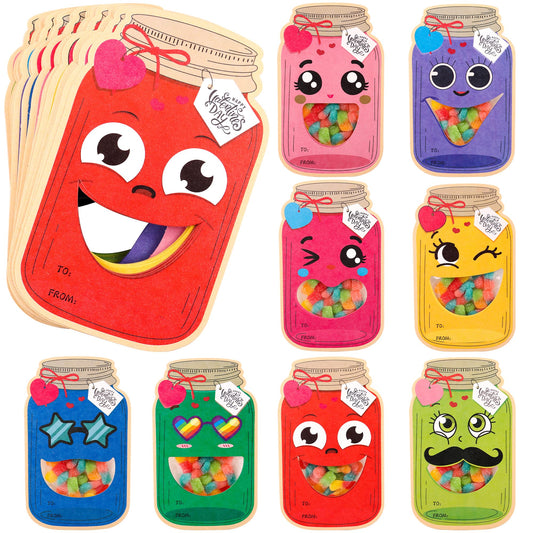 POPGIFTU Valentines Day Cards – 48 Pack Funny Face Mason Jar Valentine Cards with Treat Bags, Exchange Cards for Valentines Day (Candy Not Included)