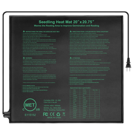 BoHoFarm Seedling Heat Mat 20" x 20.75",Waterproof Plant Hydroponic Heating Mat for Seed Starting,Plant Germination and Reptile with Power-Off Protection（1 Pack）