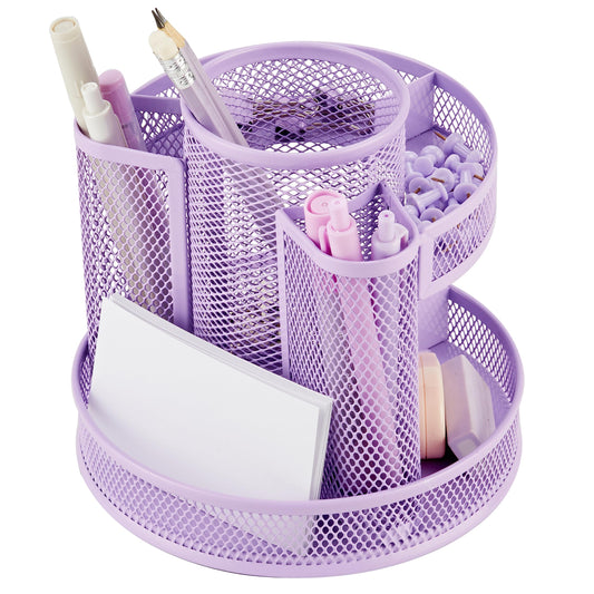Annova Mesh Desk Organizer Rotate with 6 Compartments Round Spinning Tidy Candy/Pen Holder Desk Accessories Office, Art Supply, Storage, Classroom, Home (Light Purple)