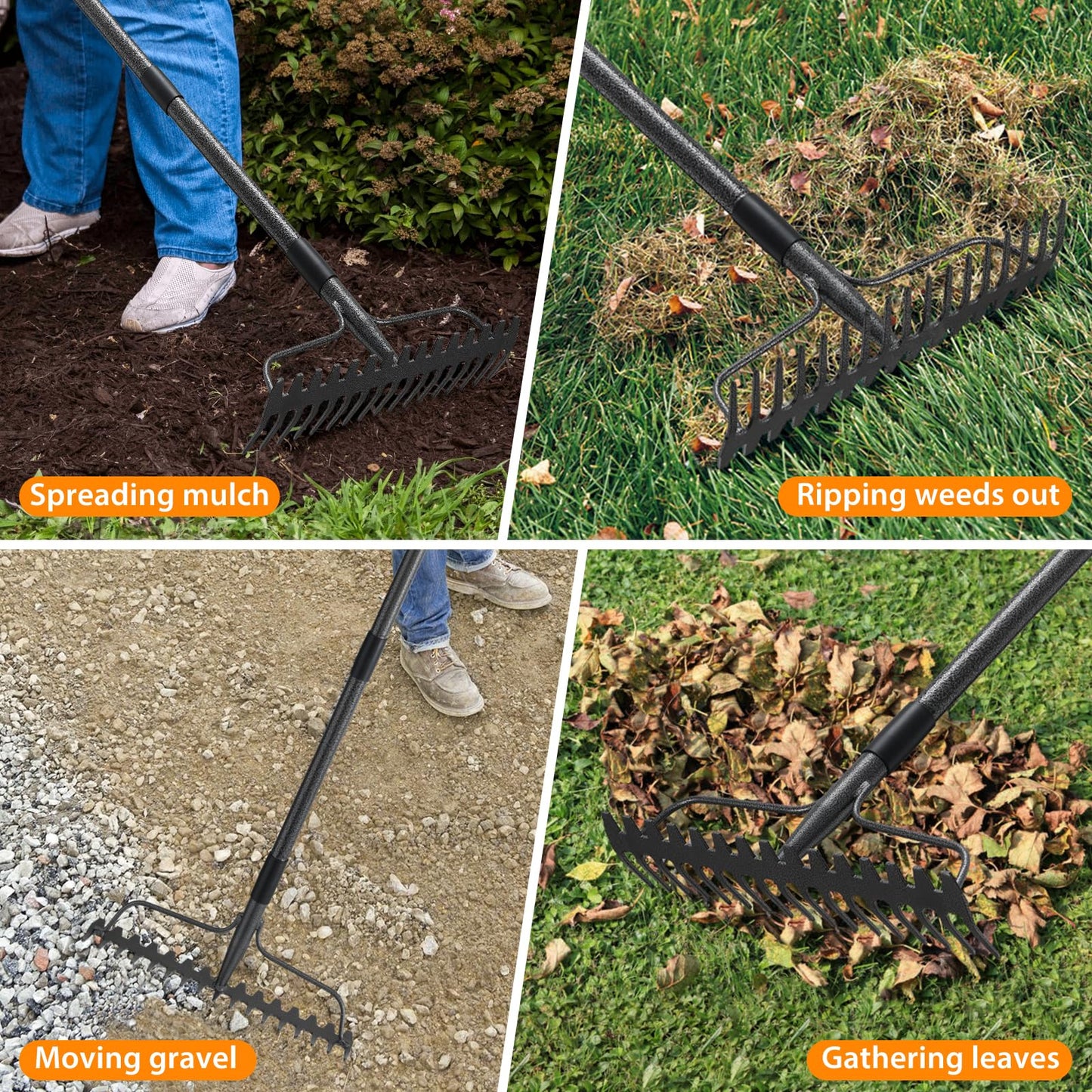 Garden Rake, 49" Long Long Handle, 17" Wide Heavy Duty Garden Leaf Rake for Thatching Raking Leaf Loosening Soil Gathering Mulch Leveling Rocks, Metal Bow Rakes for Leaves Grass