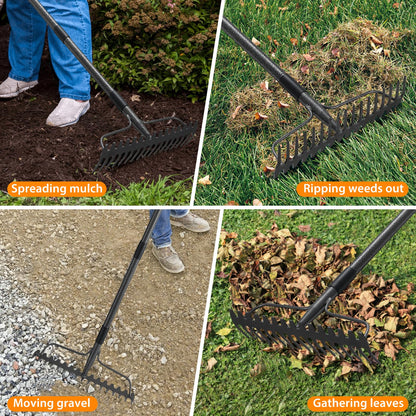 Garden Rake, 49" Long Long Handle, 17" Wide Heavy Duty Garden Leaf Rake for Thatching Raking Leaf Loosening Soil Gathering Mulch Leveling Rocks, Metal Bow Rakes for Leaves Grass