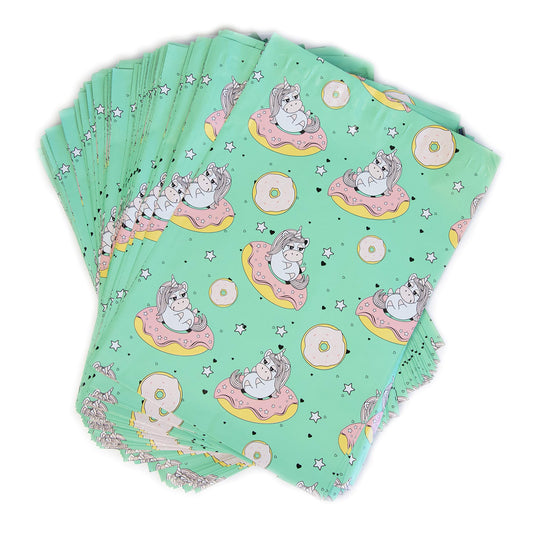 PAXTRA 10x13 100-Pack Unicorns on doughnuts Teal Sea foam green Designer Poly Mailers Colorful Trendy Cute Children themed Shipping Supplies Envelope Mailing Bags Sealed Gifts Boutique Custom Bag Waterproof Packages with Self Adhesive Strip, Water Resista