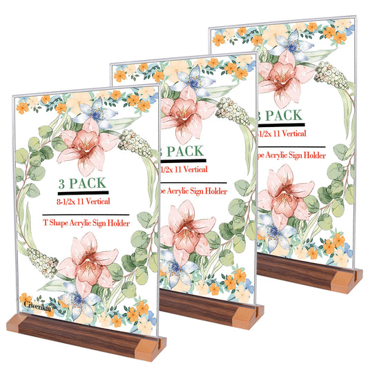 Ciwenkai Acrylic Sign Holders with Wooden-Base - 3 Pack 8.5x11 Inch T Shape Clear Double Sided Frames for Table Menu Display Stand Flyer Display