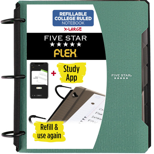 Five Star Flex Refillable Notebook + Study App, College Ruled Paper and 1-1/2 Inch TechLock Ring Binder with Pockets, Tabs and Dividers, 300 Sheet Capacity, Seaglass Green (29324AQ8)