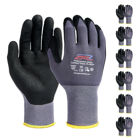 PTCOL Safety Work Gloves Micro-Foam Nitrile Coated-6 Pairs, Seamless Knit Touchscreen Nylon Gloves, with Black Nitrile Grip, for Warehouse, Home Improvement, Automotive, Construction (XX-Large)
