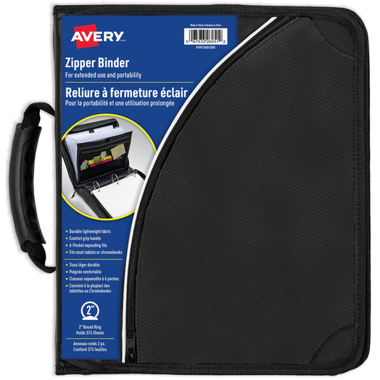 Avery 2" Inch Zipper Binder, 3 Round Rings, Durable Messenger Nylon Zipper Black Binder, Tablet Holder, 6-Pockets with 5 Tab Dividers, Carry-All Storage Binder (26051)