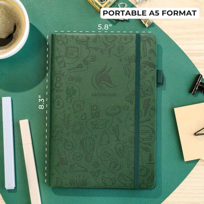 Clever Fox Dotted Journal 2.0 – Compact Planning and Sketching Dot Grid Notebook 120 GSM Thick, No-Bleed Paper – Planner with Pen Loop, Pocket, Ribbons, Stickers – A5 – Forest Green