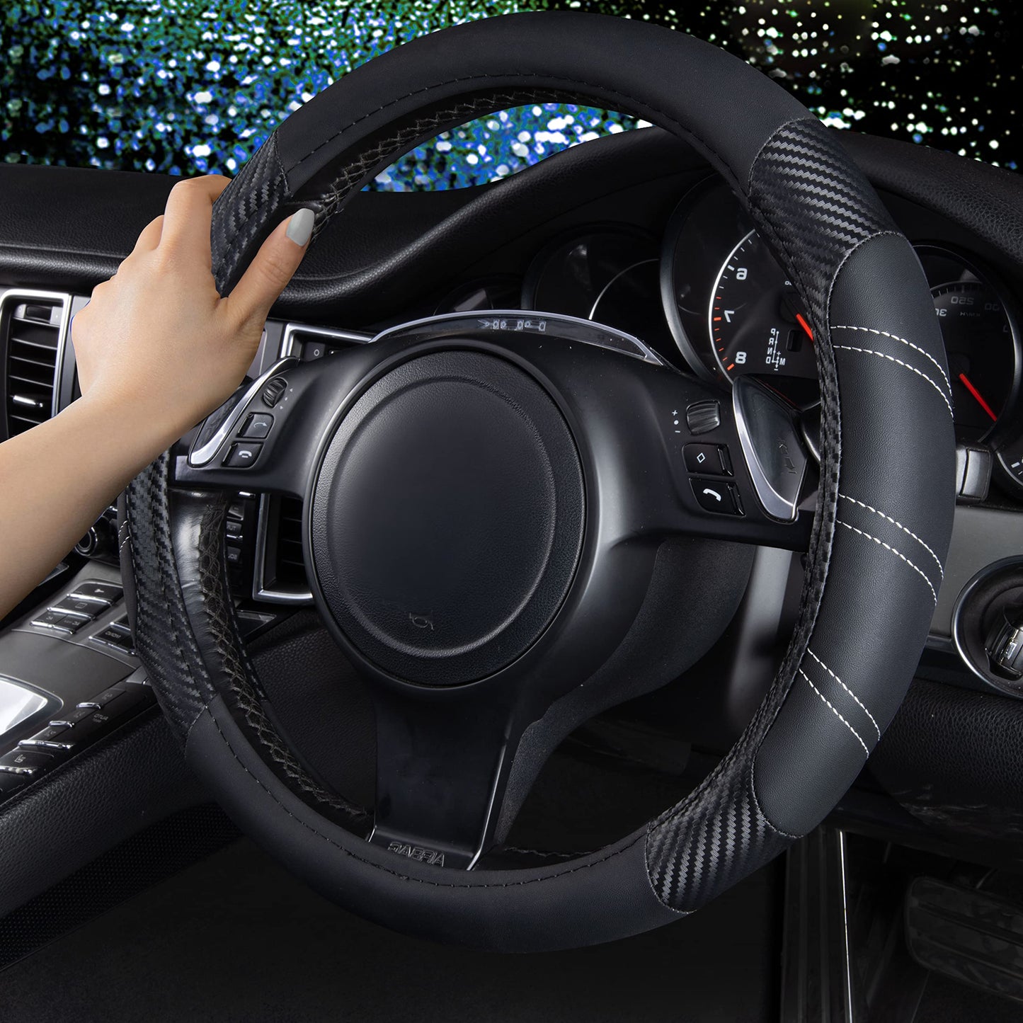 CAR PASS Line Rider Microfiber Leather Sporty 14.5-15 inch Steering Wheel Cover Universal Fits for 95% Truck,SUV,Cars, Anti-Slip Safety Comfortable Design (Black Carbon Fiber)