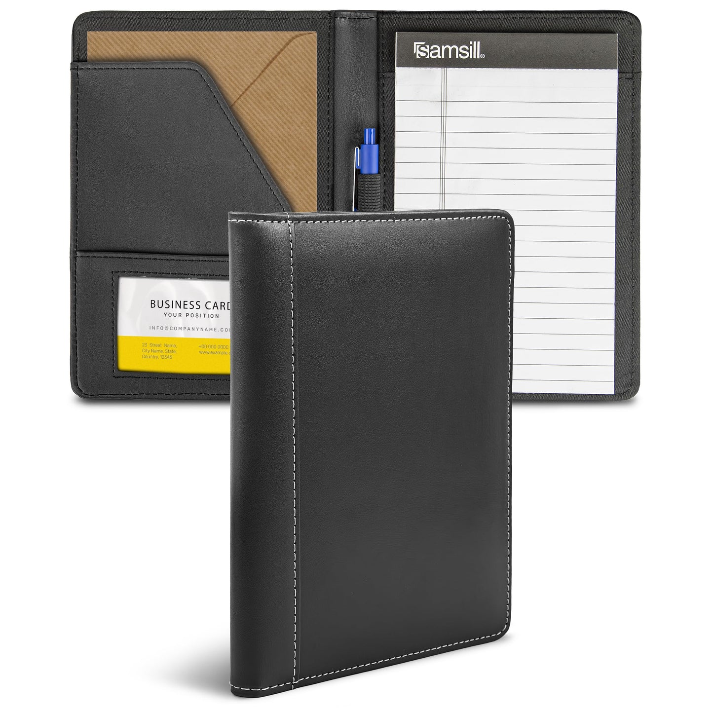 Samsill Contrast Stitch Leather Portfolio, Junior Size, 5 inch x 8 inch Writing Pad, Black