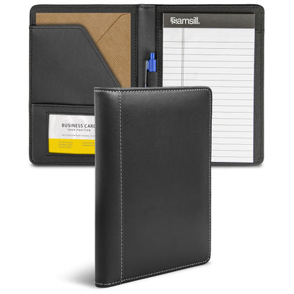 Samsill Contrast Stitch Leather Portfolio, Junior Size, 5 inch x 8 inch Writing Pad, Black
