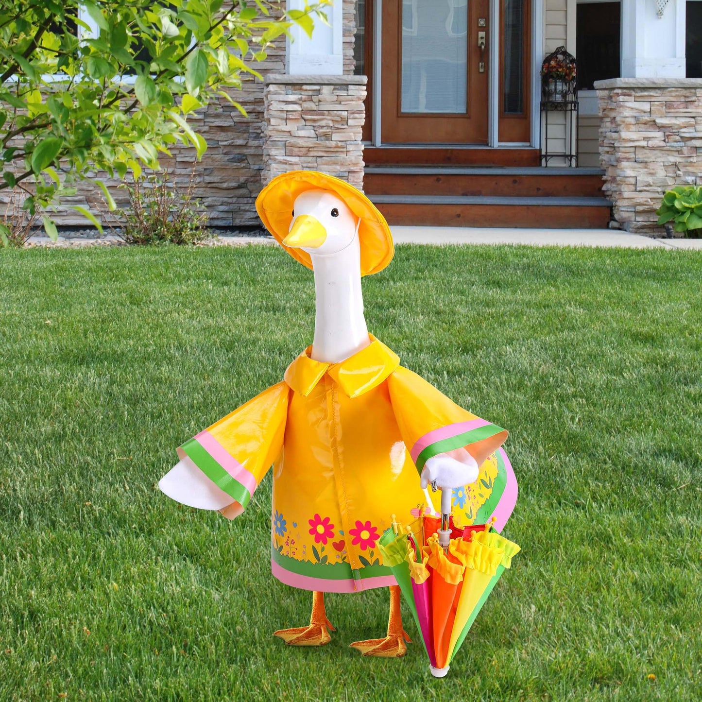 3 Pcs/Set Raincoat Porch Goose Outfits, Lawn Goose Statue Raincoat Costume, Yard Goose Clothes Raincoats Umbrella Hat Outfit for 23" Statue Patio Garden Decoration