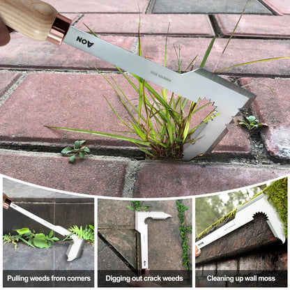 AON 2-Pack Hand Crack Weeder Puller Tool Set - Made with Durable Steel and Ash Wood Ergonomic Handles, Weeding Tools Ideal for Gardens and Patio Lawns to Efficiently Remove Weeds from the Root