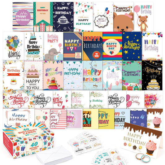 feela Birthday Cards, 40 Pack 40 Designs Happy Birthday Card Assorted Bulk with 40 Blank Envelopes 48 Pieces of Stickers 2 Washi Tapes, 4 X 6 Inches Greeting Cards for Girls Family Friends