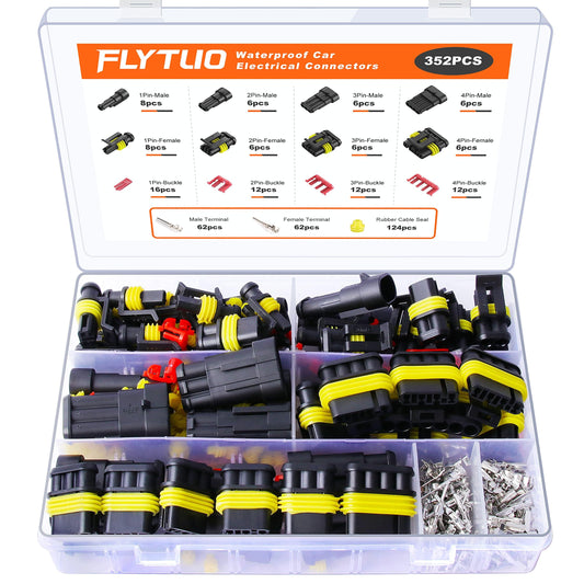 Flytuo 352PCS Automotive Waterproof Car Electrical Wire Connectors Plug Kit, Total 26 Sets Including 1/2/3/4 Pin Male and Female Connectors for Motorcycle, Truck, Car, Boats, Scooter