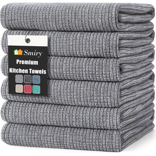 smiry Premium Kitchen Towels(18"x 28", 6 Pack), Large Cotton Dish Cloths Set, Flat & Terry Towel Highly Absorbent Tea Towels with Hanging Loop, Grey