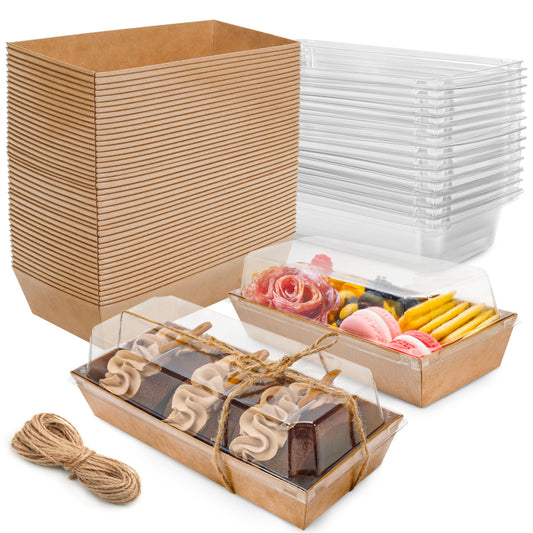 NPLUX Charcuterie Boxes with Clear Lids Mini Dessert Bakery Boxes Disposable To Go Food Containers for Cookie Cake Slice Sushi Strawberry 7.48x3.35x2.5INCH(50 Pack, Brown)