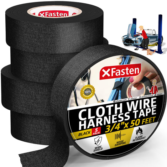 XFasten Wire Harness Tape, 3/4-Inch by 50-Foot (5-Pack), High Temp Wiring Loom Harness Self-Adhesive Felt Cloth Electrical Tape for Automotive Engine and Electrical Wiring