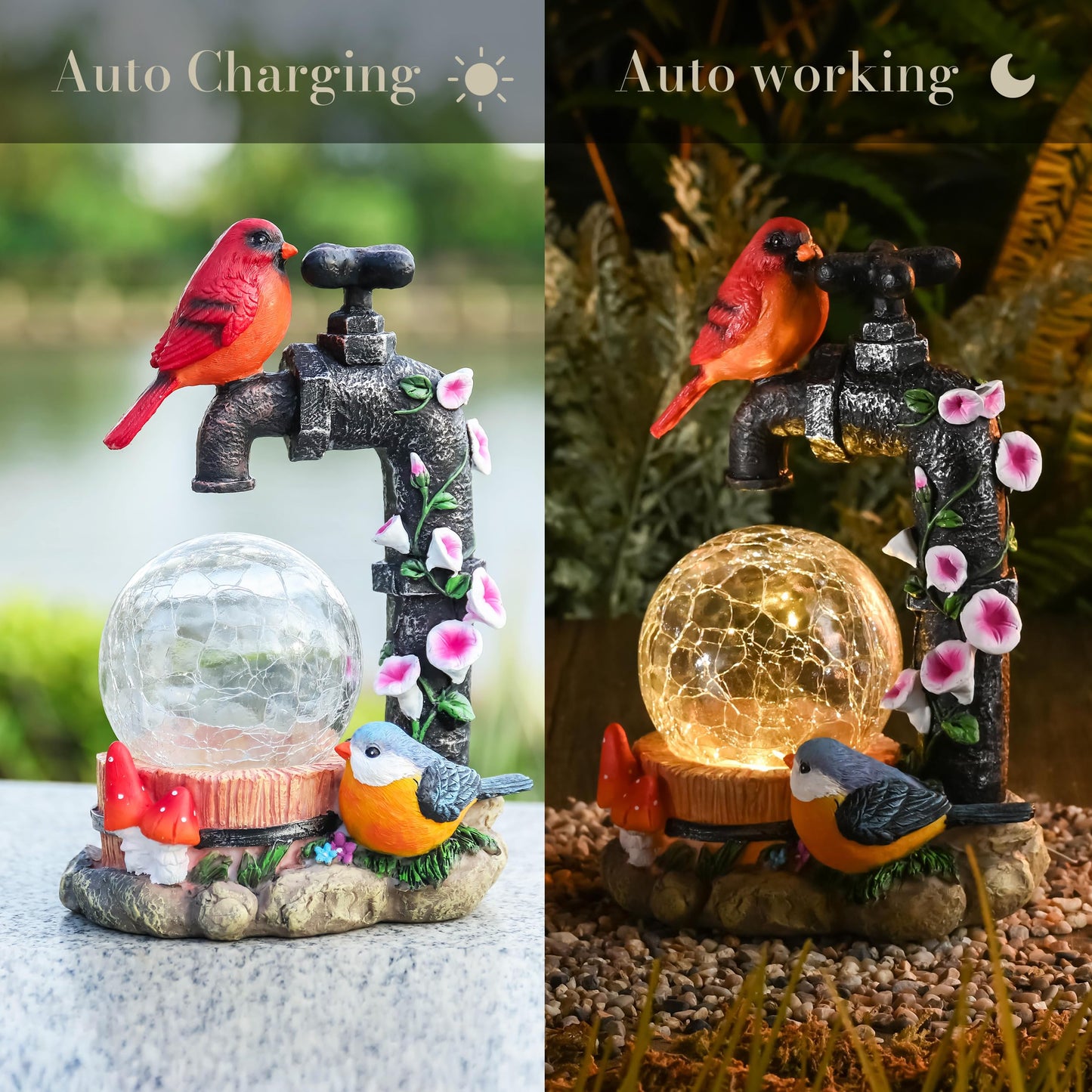 TERESA'S COLLECTIONS Garden Decor, Cardinal Garden Decor, Cute Cardinal and Faucet and Solar Light Glass Ball, Waterproof Resin Garden Statues, Birds Decor Gifts, Birthday Gifts for Women Mom, 6"