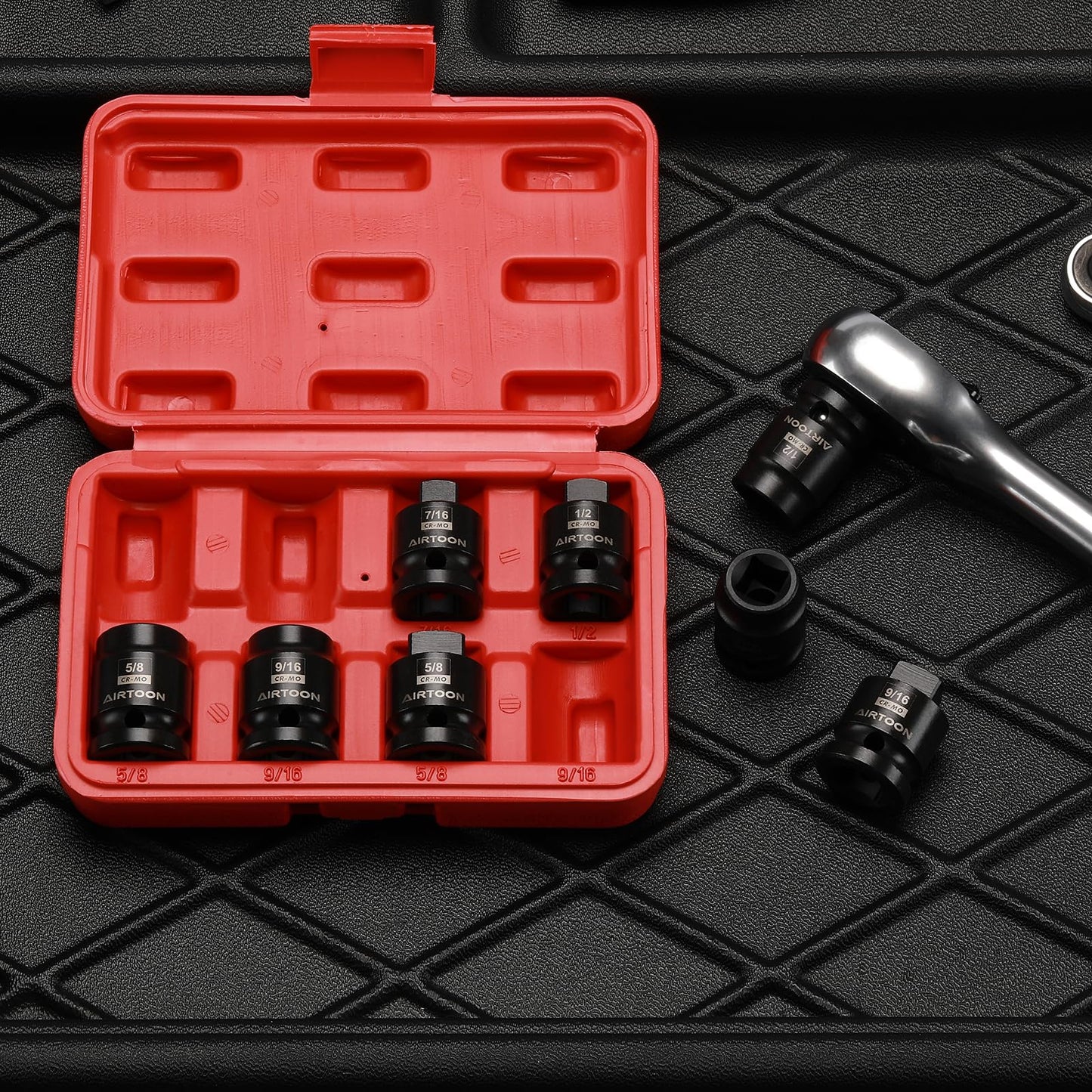 AIRTOON 1/2" Drive Pipe Plug Socket Set, 8-Piece, SAE, CR-MO, 7/16" - 5/8", Tapered Male Square Drive, Chamfered Female Square Drive