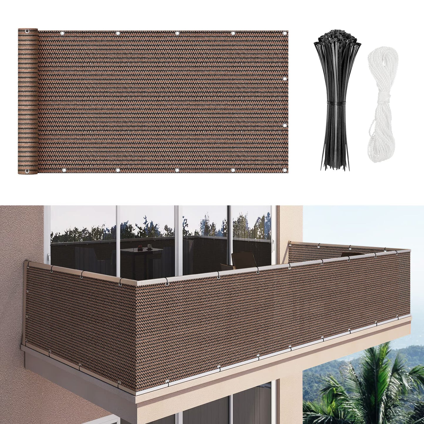 Duerer Balcony Screen Privacy Fence Cover 3' x 16.5' Brown Fence Netting Mesh Shade Cloth Fabric UV Protection for Apartment Balcony Railing Porch Outdoor, Backyard, Patio, Included Cable Ties Rope