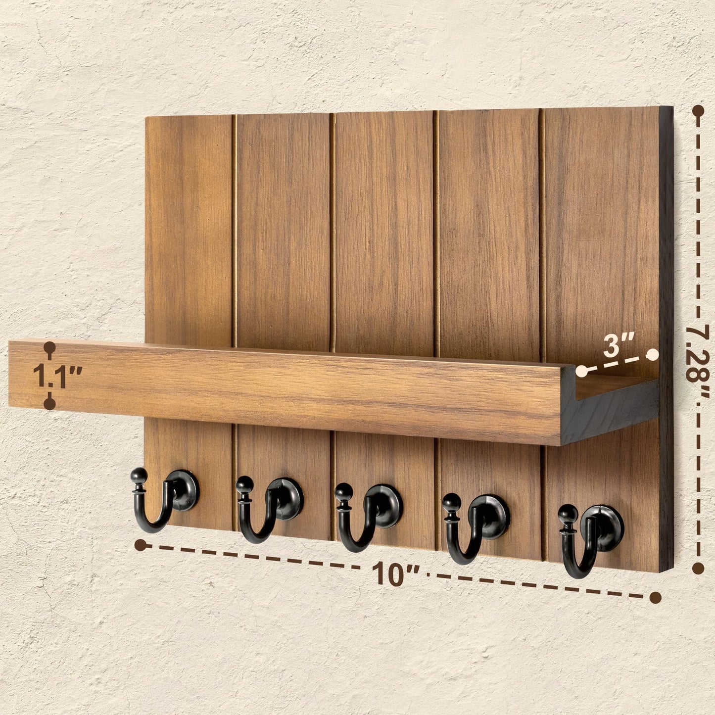 Rebee Vision Decorative Key Holder for Wall - Rustic Key Hooks with Shelf and Mail Organizer Wall Mount for Farmhouse Decor Living Room - Home Essentials for New Home (Retro Brown)