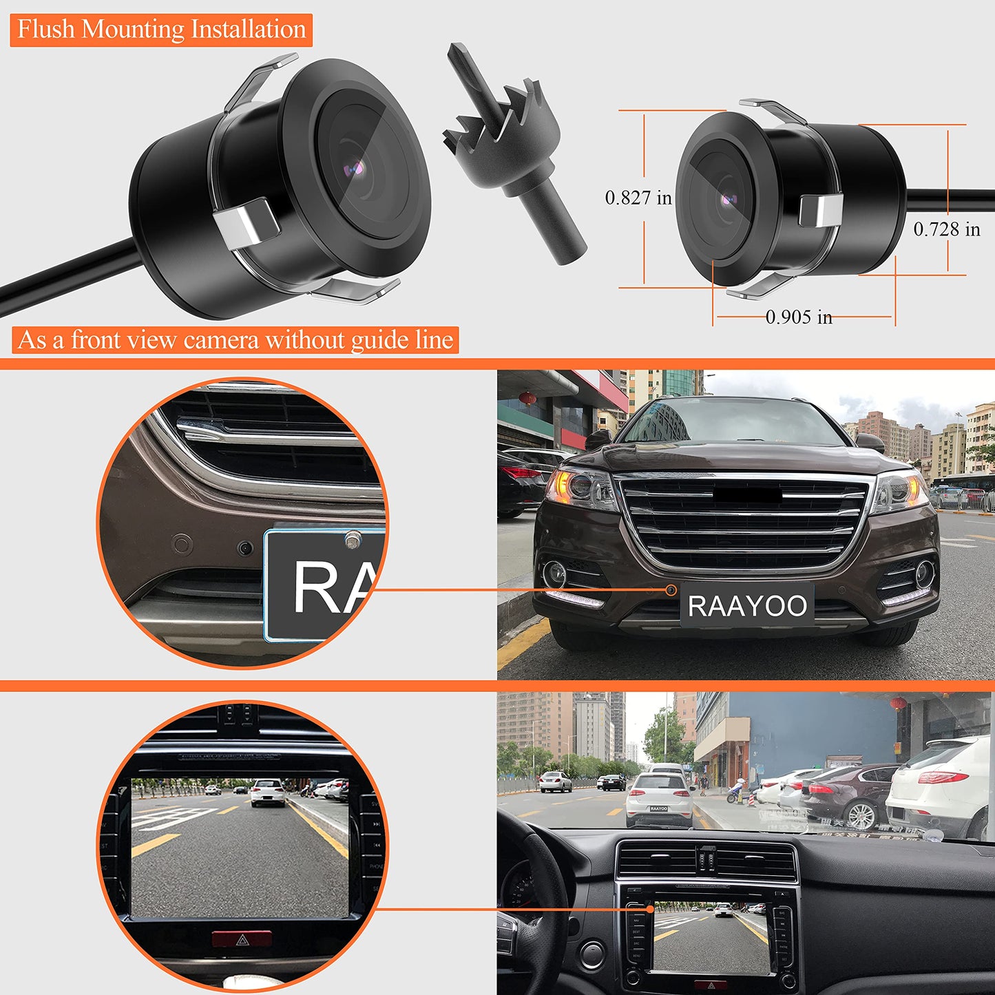 Backup Camera Flush Mount, Metal Housing 170 Degree Wide View Angle Rear/Front View Camera for Car, Clear Night Vision IP69 Waterproof Reverse Camera Kit for Vehicle SUV RV Pickup,18.5mm, 12V/24V
