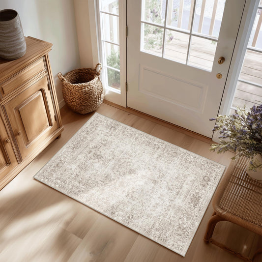 Fmfunctex Entryway Rug 2x3 Washable Beige Vintage Distressed Door Mat Non Slip Low Pile Indoor Carpet Soft Retro Floral Small Throw Area Rugs for Tapis Salon Entrance Bedroom Kitchen Bathroom Laundry