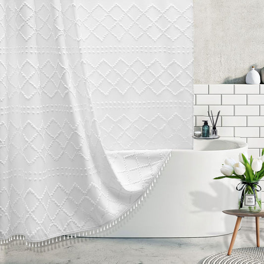 White Boho Shower Curtain Fabric Shower Curtains with Tassel 72 x 72 Modern Textured Shower Curtain Farmhouse Minimalist, Tufted Chevron Striped Shabby Chic, Water Resistant Cloth Curtain for Bathroom