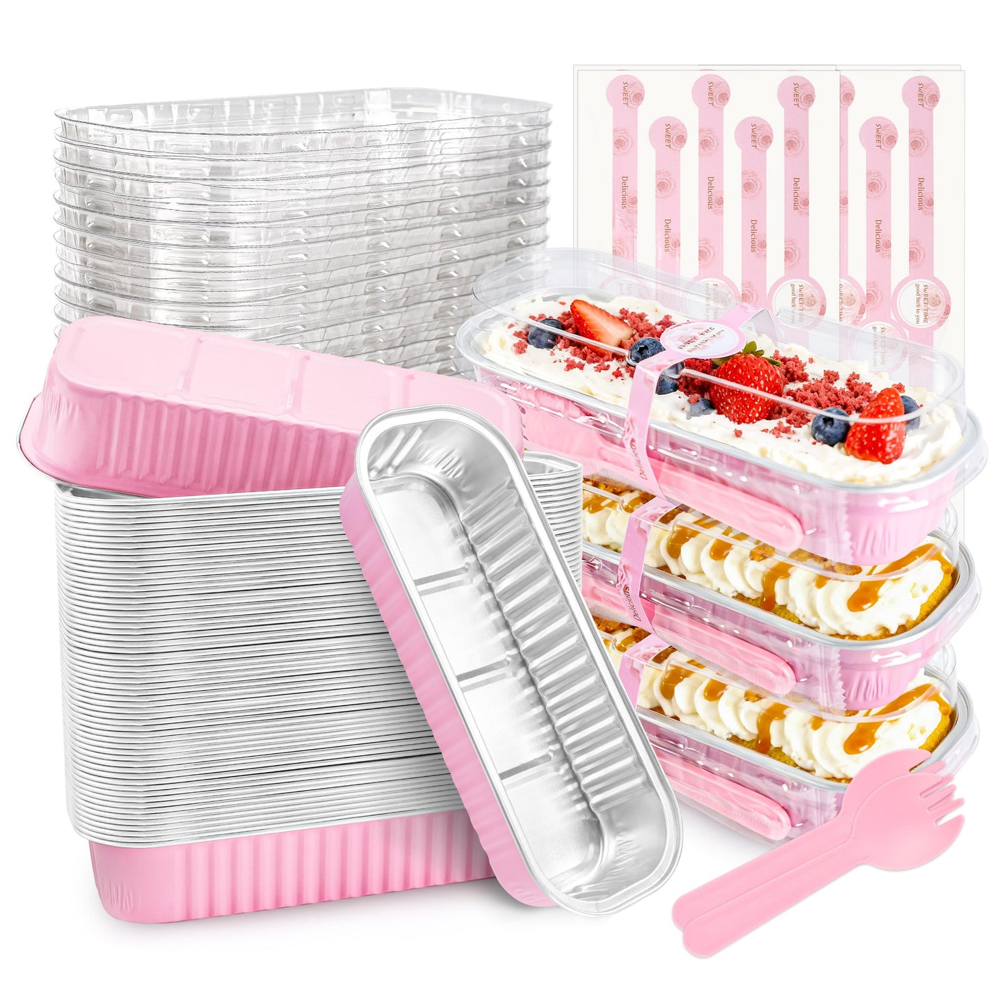 NPLUX 50 Pack Mini Cake Pans with Lids and Spoons Rectangular Aluminum Foil Baking Pans Mini Cheesecake Containers Mothers Day Gifts Party Favors(6.8oz)
