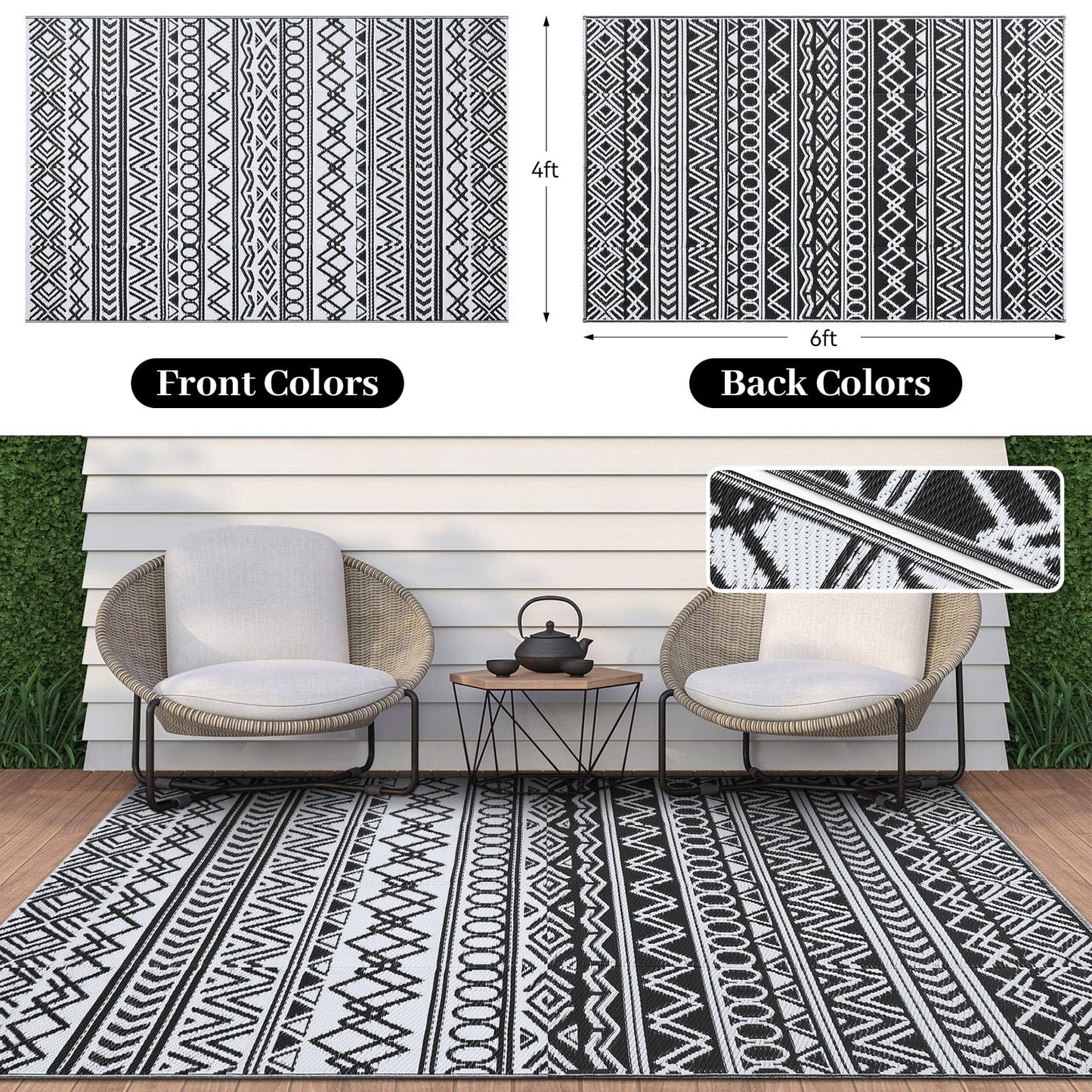 OLANLY Waterproof Outdoor Rug 4x6 ft, Reversible Plastic Patio Rug Outdoor Carpet, Geometric Pattern Large Outdoor Area Rug Deck Rugs for RV, Patio, Backyard, Picnic, Beach & Camping, Black and White