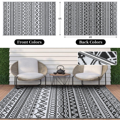 OLANLY Waterproof Outdoor Rug 4x6 ft, Reversible Plastic Patio Rug Outdoor Carpet, Geometric Pattern Large Outdoor Area Rug Deck Rugs for RV, Patio, Backyard, Picnic, Beach & Camping, Black and White