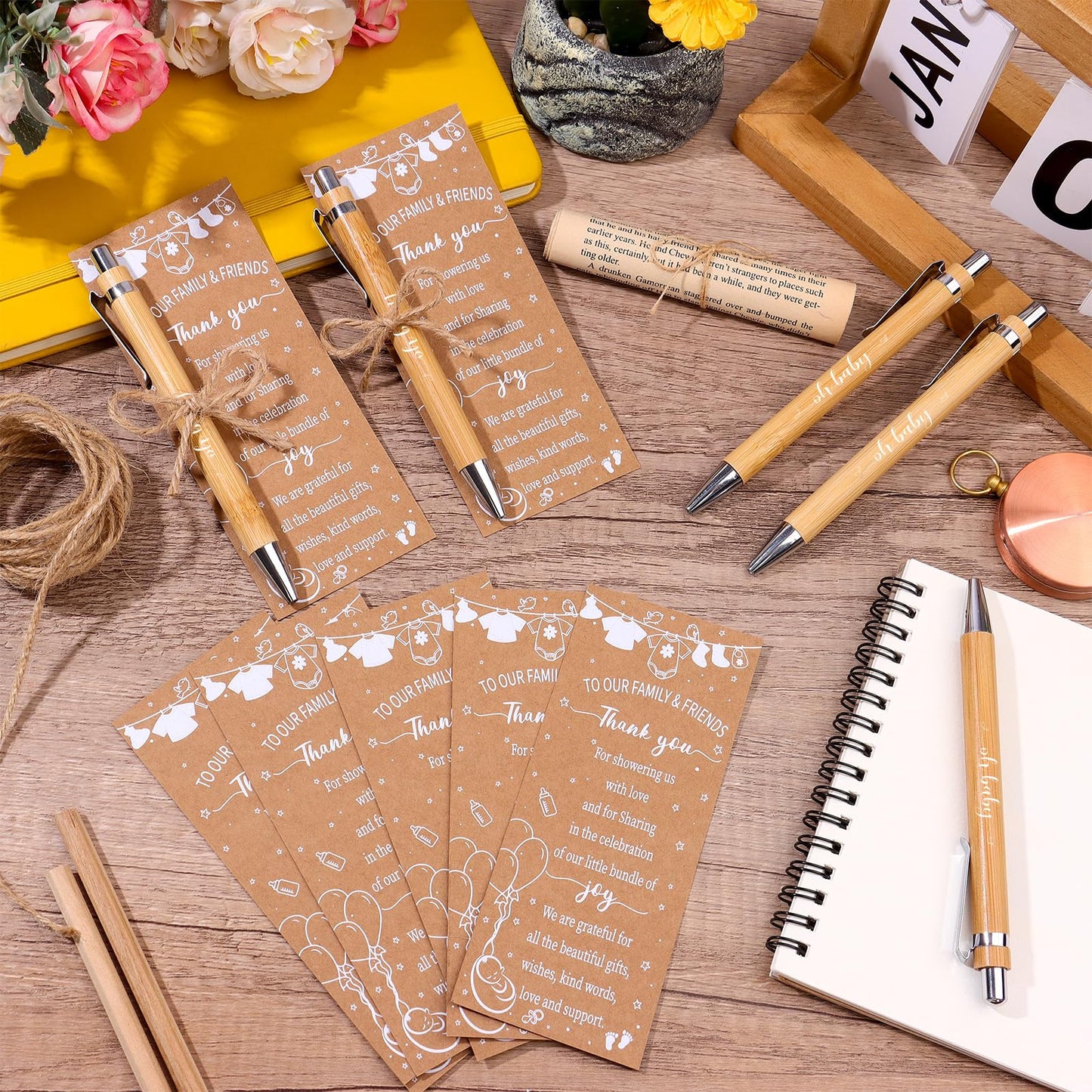 36 Sets Baby Shower Favors for Guests Bamboo Retractable Ballpoint Pens Thank You Cards with Hemp Rope for Gender Reveal Party Game Prizes Souvenirs (Baby Shower)
