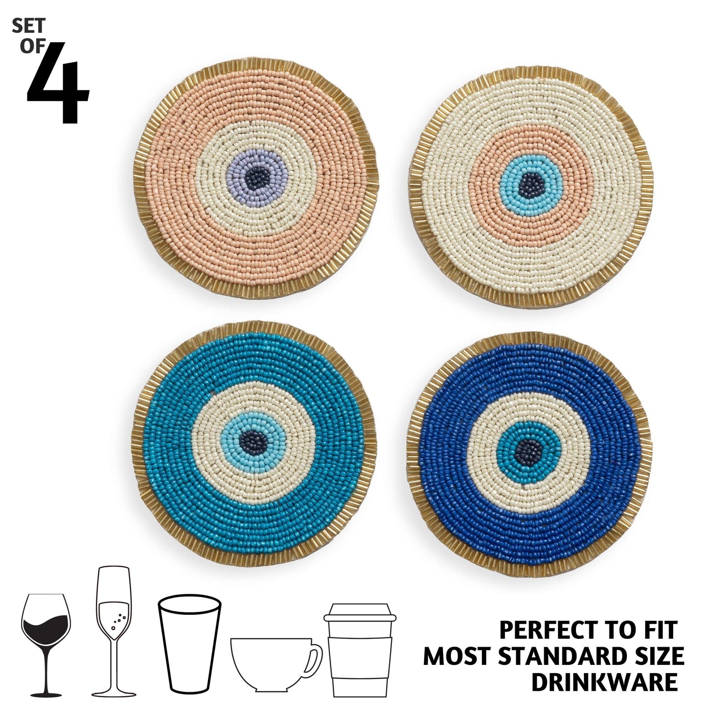 Folkulture Beaded Coasters for Drinks | Set of 4 (4") Round Decorative Bar Coasters for Table Décorations | Cute Boho Coaster Set for Cocktail | Modern Coaster | Evil Eye Gifts for Her