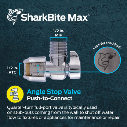 Sharkbite Max 1/2 x 1/2 Inch MIP Angle Stop Valve, Quarter Turn, Push to Connect Brass Plumbing Fitting, Brushed Nickel Finish, PEX Pipe, Copper, CPVC, PE-RT, HDPE, UR24946