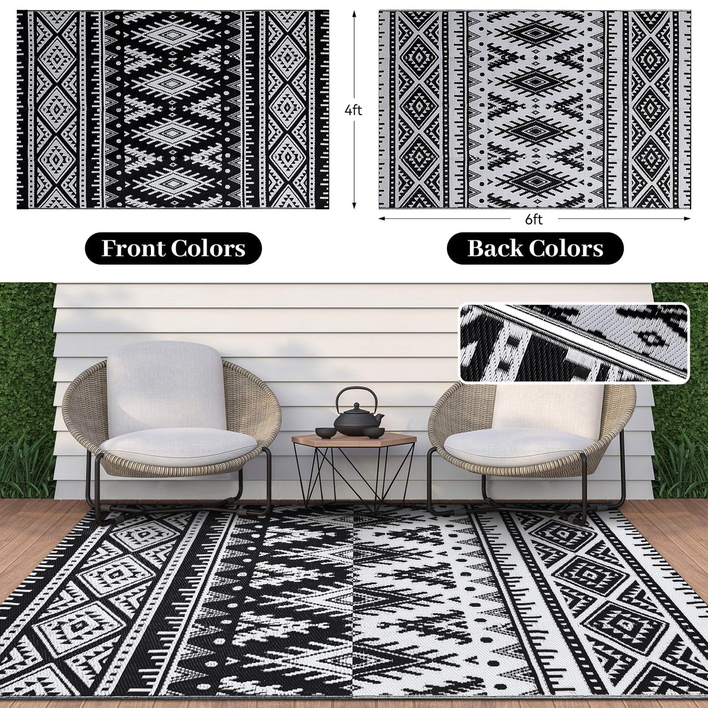OLANLY Waterproof Outdoor Rug 4x6 ft, Reversible Plastic Straw Patio Camping Rugs, Large Foldable Outdoor Carpet Deck Rugs for Patio, RV, Outside Entry, Backyard, Bench, Picnic, Black & White