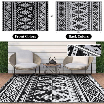 OLANLY Waterproof Outdoor Rug 4x6 ft, Reversible Plastic Straw Patio Camping Rugs, Large Foldable Outdoor Carpet Deck Rugs for Patio, RV, Outside Entry, Backyard, Bench, Picnic, Black & White