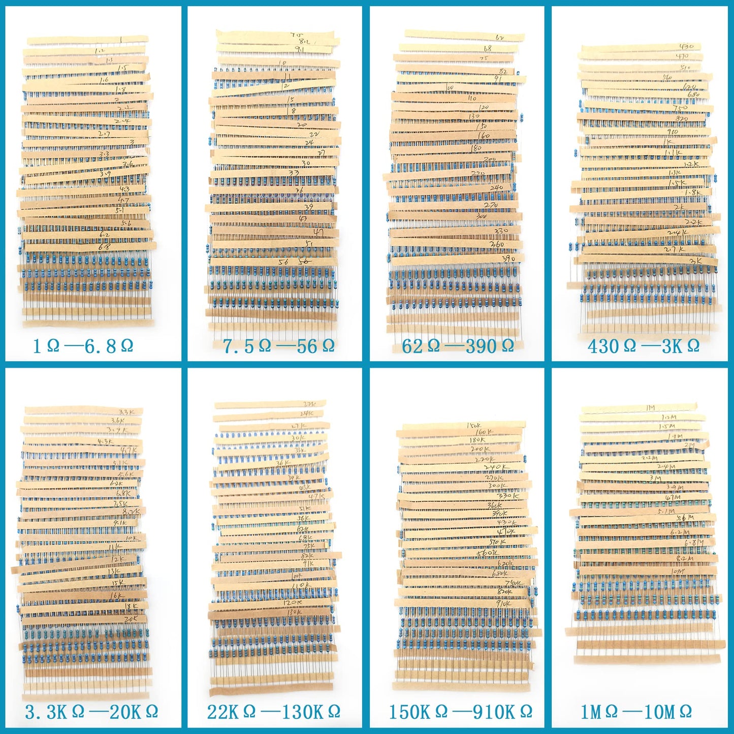 3120pcs 156 Values Metal Film Resistor Kit Minidodoca 1 Ohm-10M Ohm 1/4W 0.25 watt ±1% Tolerance Fixed Resistors Assortment Kit RoHS Compliant 100 1000 1k 10k 100k ohm Resistor Pack for DIY Projects