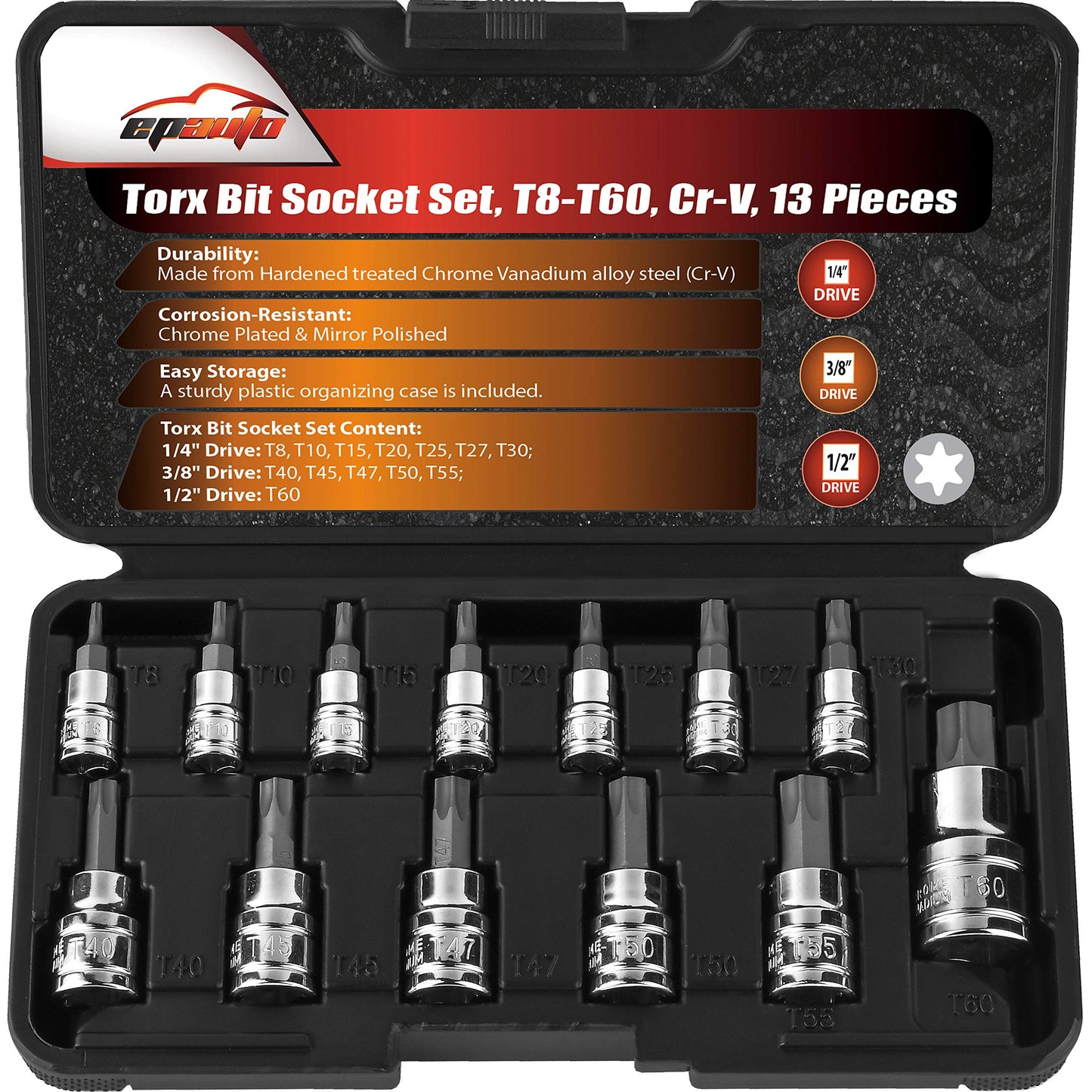 EPAuto Torx Bit Socket Set T8-T60-13PC, Cr-V Star Socket Kit with Case