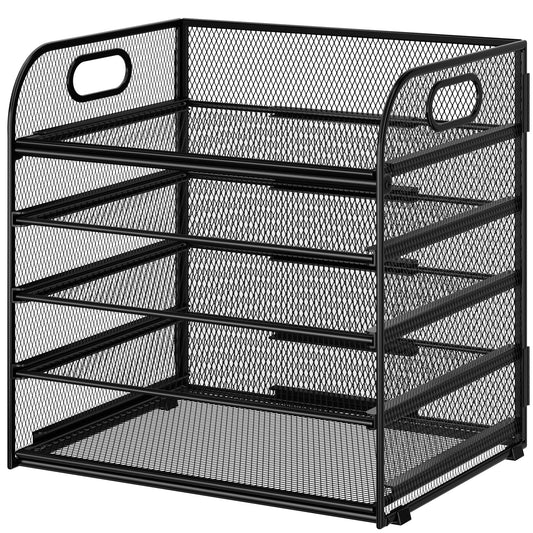 5 Tier Paper Desk Organizer with Handle and 1 Pcs Slideable Letter Tray, A4 Paper File Folder Sorter Metal Mesh Organizer for Home Office School Desk Supplies Organization Storage - Black