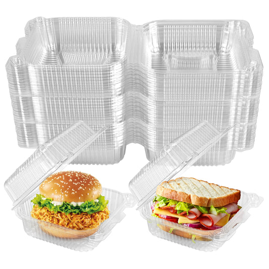 NPLUX 50 Pack Clear Thickening Plastic Hinged Take Out Containers Disposable Clamshell Food Cake Containers with Lids 6 x 6 x 2.75 inch for Dessert, Cakes, Salads, Pasta, Sandwiches