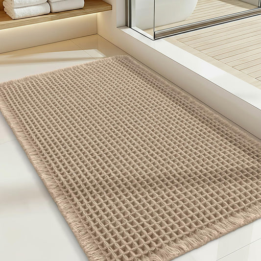 OLANLY Waffle Bath Mat, 20x32 Extra Soft Boho Bathroom Mat, Non Slip Super Absorbent Bathroom Rug, Quick Dry Machine Washable Bath Mats for Bathroom Floor, Tub and Shower, Brown
