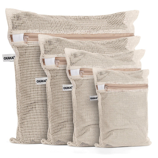 OKAKA 100% Cotton Mesh Laundry Bags, Premium Soft, No Dye, Set of 4, Natural