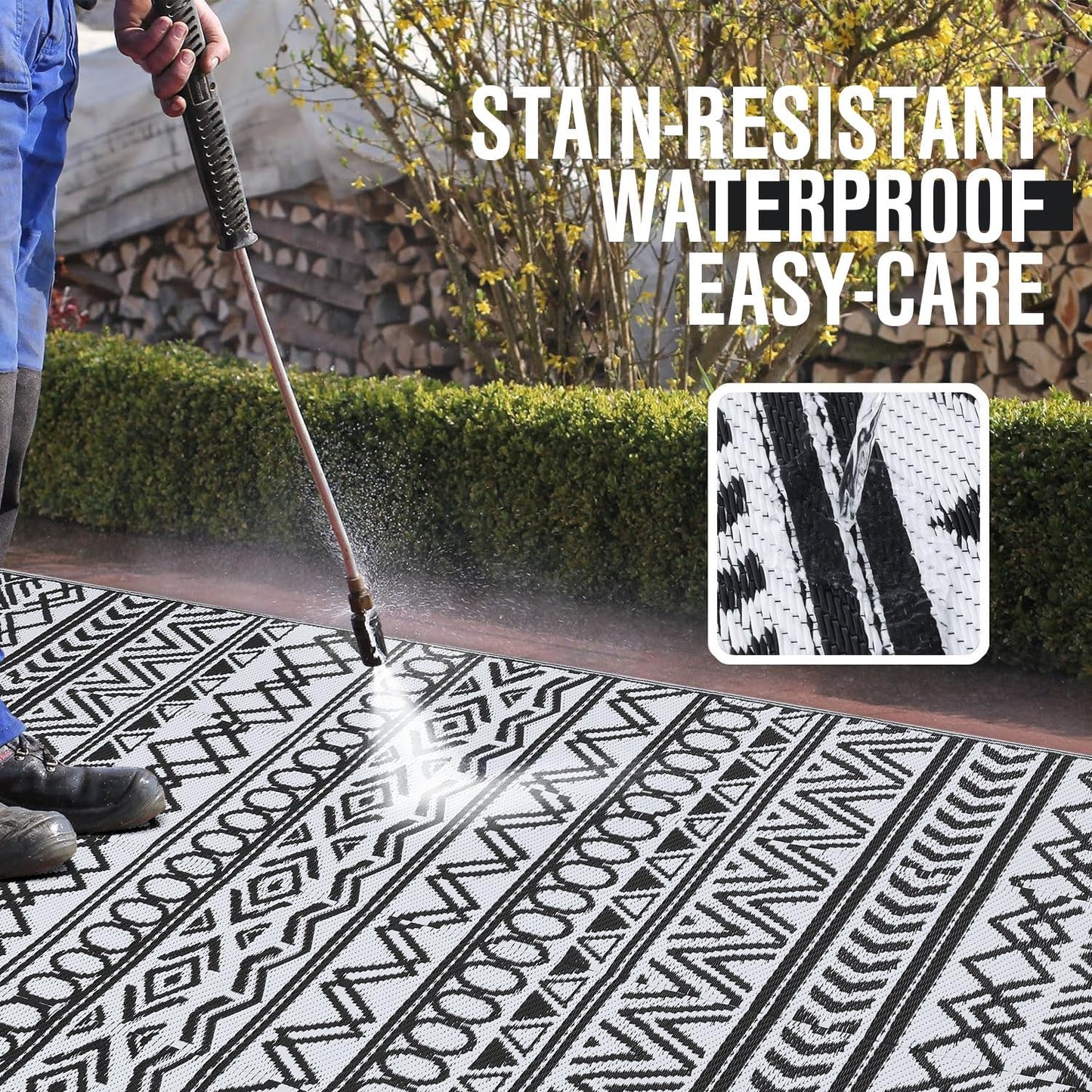 OLANLY Waterproof Outdoor Rug 4x6 ft, Reversible Plastic Patio Rug Outdoor Carpet, Geometric Pattern Large Outdoor Area Rug Deck Rugs for RV, Patio, Backyard, Picnic, Beach & Camping, Black and White