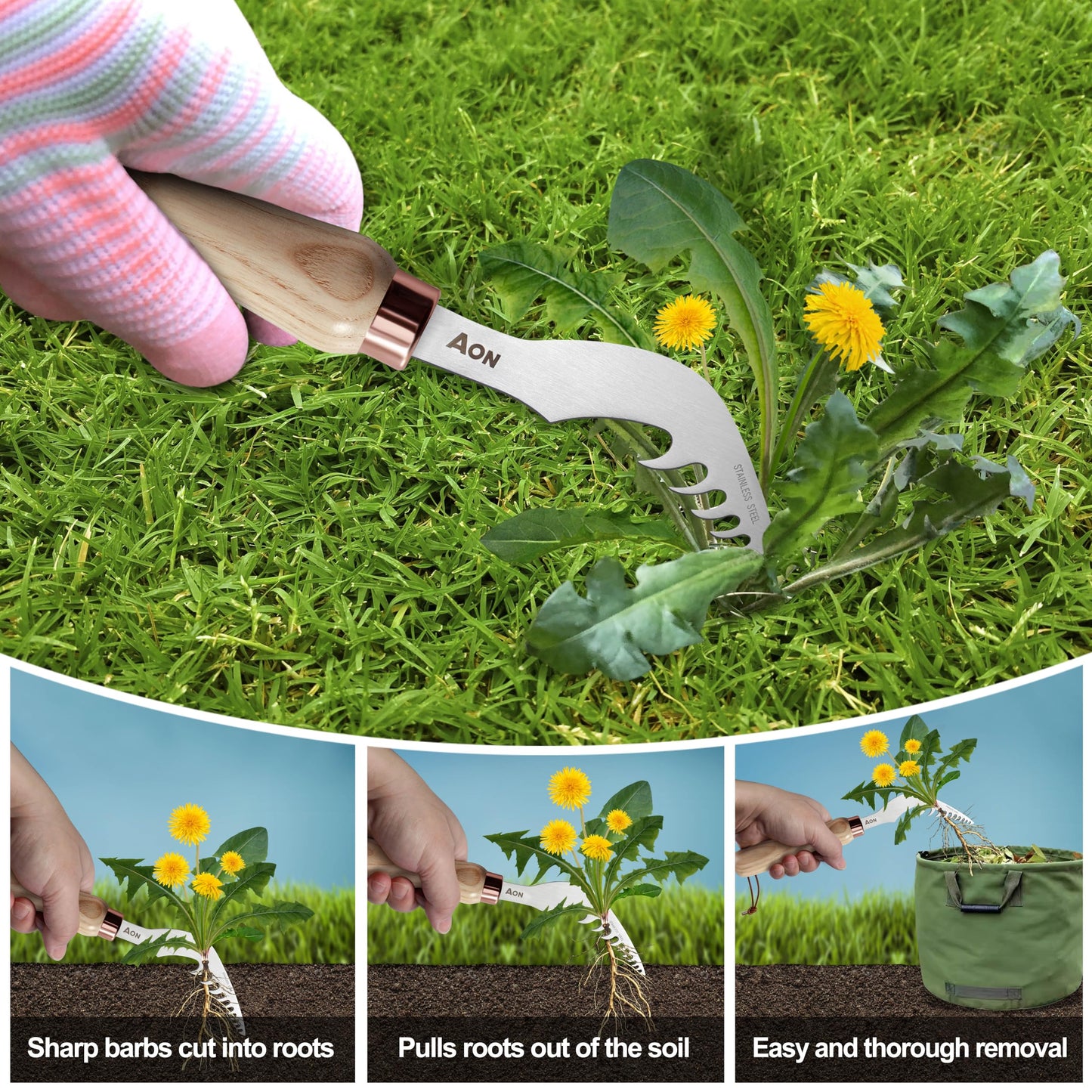 AON 2-Pack Hand Crack Weeder Puller Tool Set - Made with Durable Steel and Ash Wood Ergonomic Handles, Weeding Tools Ideal for Gardens and Patio Lawns to Efficiently Remove Weeds from the Root