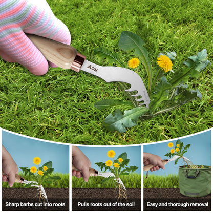 AON 2-Pack Hand Crack Weeder Puller Tool Set - Made with Durable Steel and Ash Wood Ergonomic Handles, Weeding Tools Ideal for Gardens and Patio Lawns to Efficiently Remove Weeds from the Root