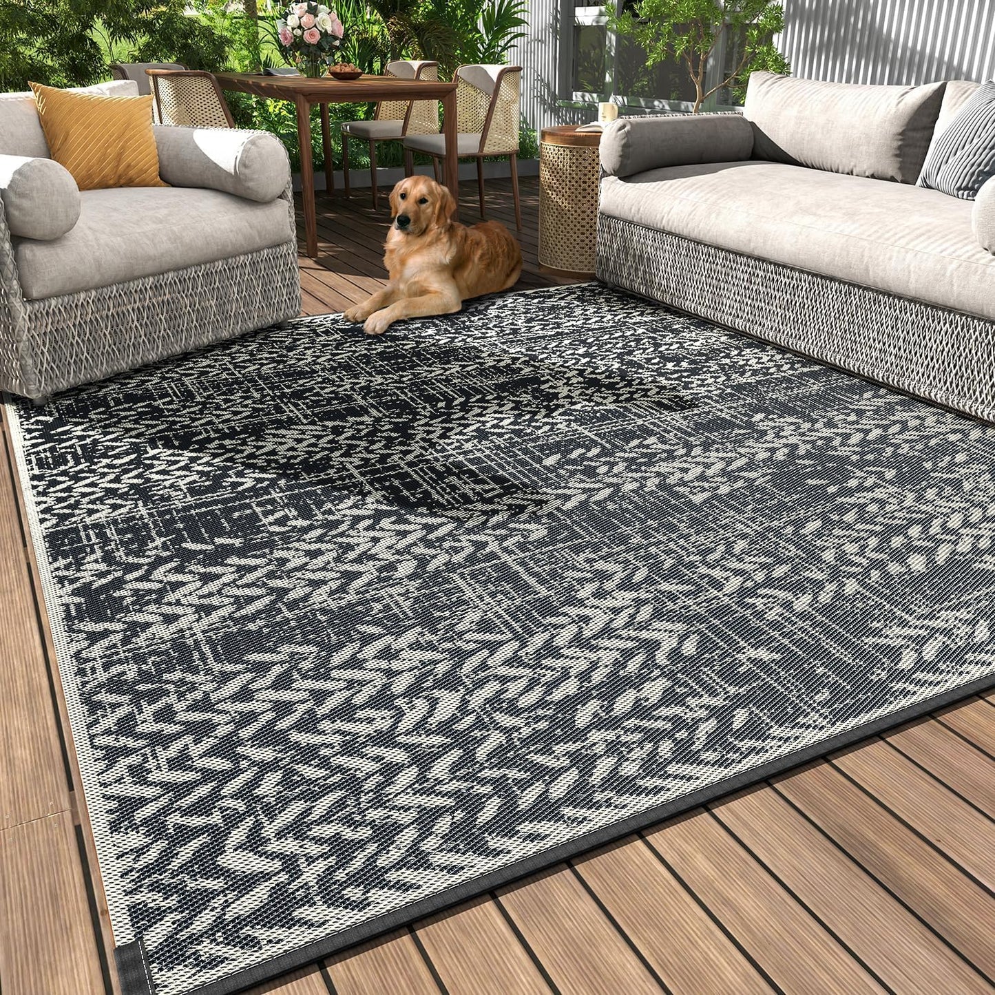 COCOER-Outdoor Rug-Patio Rug 5x8 Waterproof Outdoor Carpet Reversible Portable Camping Modern Abstract Plastic Straw RV Rugs for Picnic Beach Balcony Pool Deck Grey