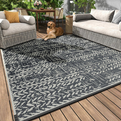 COCOER-Outdoor Rug-Patio Rug 5x8 Waterproof Outdoor Carpet Reversible Portable Camping Modern Abstract Plastic Straw RV Rugs for Picnic Beach Balcony Pool Deck Grey