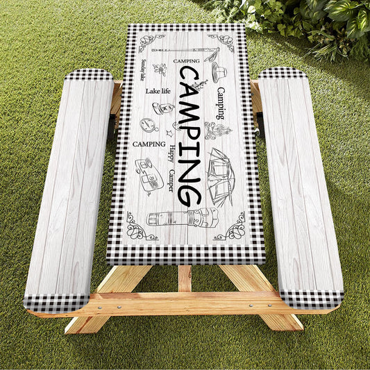 Caknowow Picnic Table Cover Fitted with Bench Covers Camping Tablecloth Waterproof Picnic Table Covers with Elastic Reusable Fabric Camping Table Cover for 6 Foot Picnic Tables